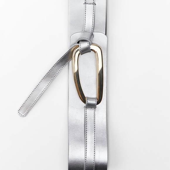 NWT ZARA Silver Leather Belt Sz. 85 - Picture 5 of 6